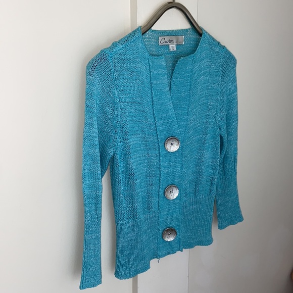 Curio New York Aqua Blue Chunky Knit Cardigan - Picture 2 of 6